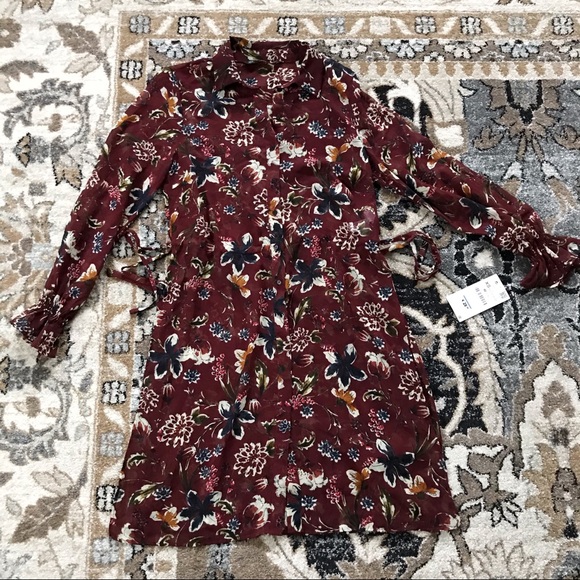 ZARA Burgundy Floral Button down tunic blouse - Picture 4 of 8